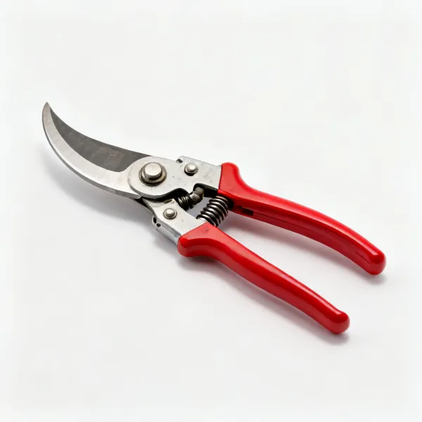 A pair of ratcheting secateurs with red handles, a curved cutting blade and visible ratchet mechanism