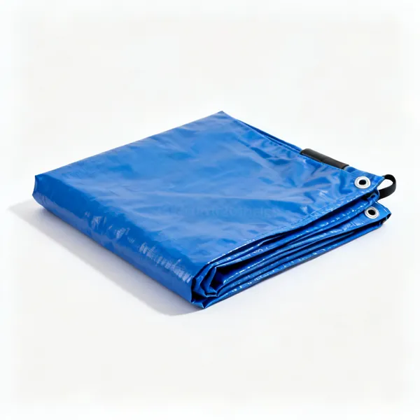 A folded blue polypropylene ground sheet with eyelets