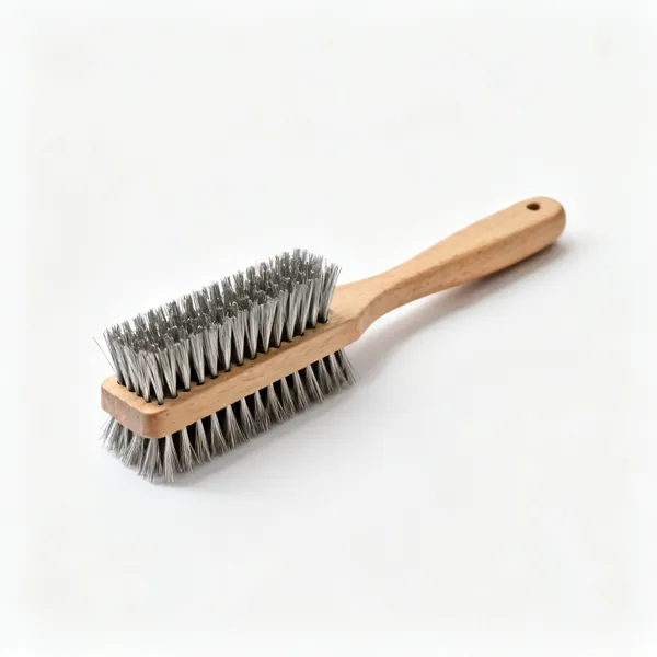 A hand wire brush with rows of stiff steel bristles and a wooden handle