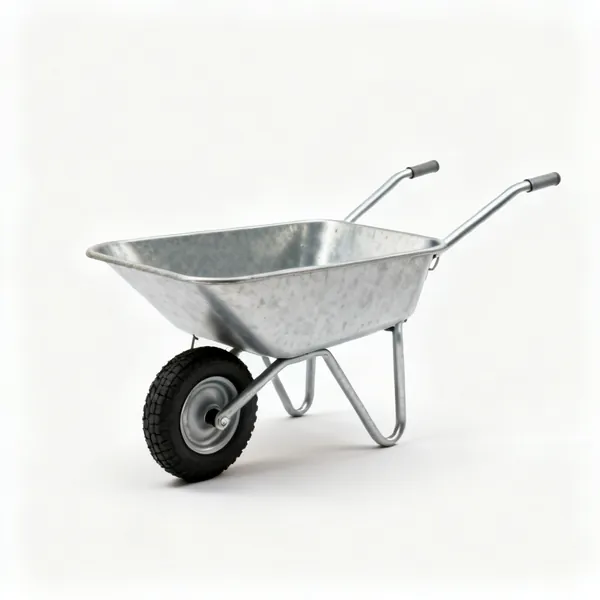A metal wheelbarrow with a single pneumatic wheel, two tubular handles and two legs