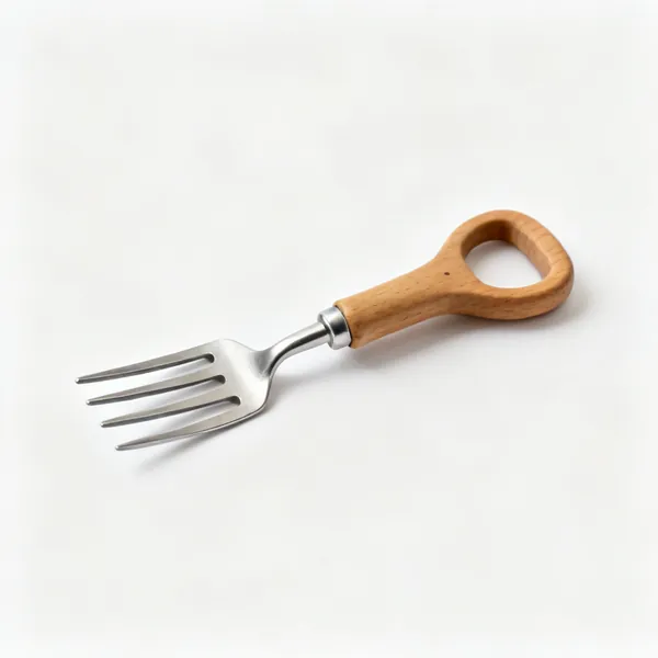 A small border fork with four short steel tines and a short wooden D handle