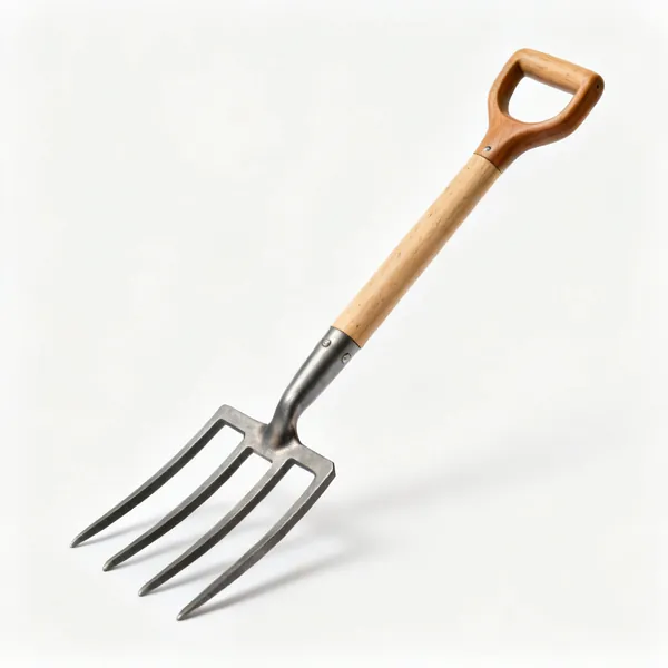 A garden digging fork with four square section steel tines and a wooden shaft with a D handle