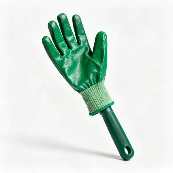 A pair of green gardening gloves with a coated palm and a knitted cuff