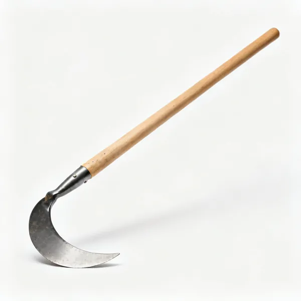 Half moon iron: A garden edging iron with a half moon crescent shaped steel blade and a long wooden shaft