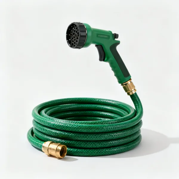 Hosepipe: A coiled green garden hose with a brass connector