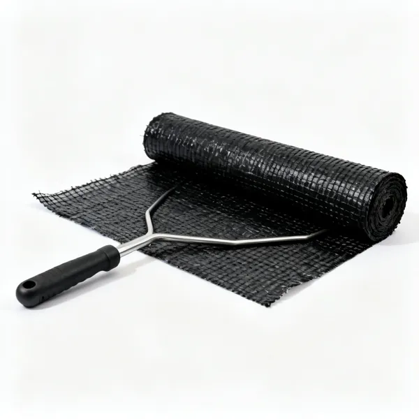 Woven membrane: A roll of black woven ground cover landscape fabric partly unrolled