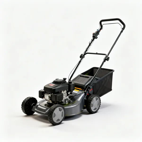 A petrol rotary lawn mower with four wheels, a grass box and a push handle