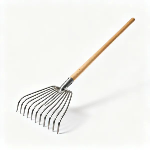 Mulch fork: A muck fork with many long slender curved steel tines and a long wooden shaft