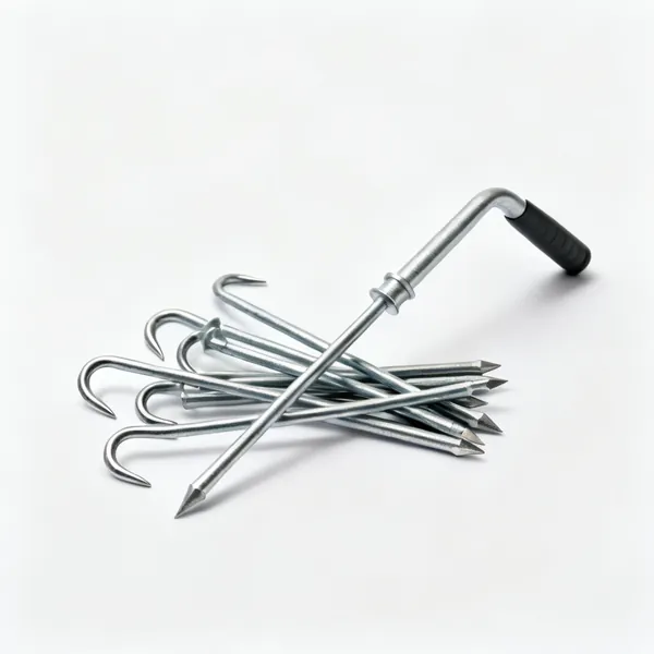 Ground pegs: A handful of steel ground fixing pegs with hooked tops
