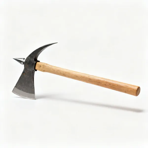 A pick mattock with a broad adze blade one side and a sharp point the other on a wooden handle