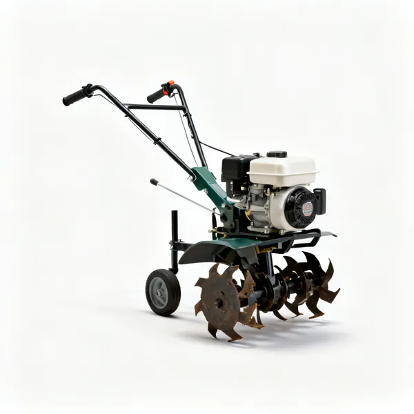 A petrol garden rotavator tiller with rotating tines, wheels and two handles