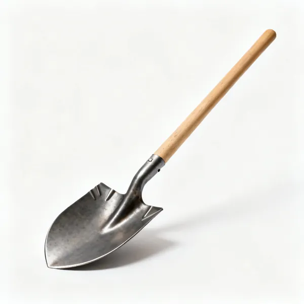 A round point shovel with a curved pointed steel blade with raised sides and a long wooden shaft