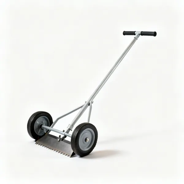 A manual kick sod cutter with two wheels, a blade and a kick bar on a long handle