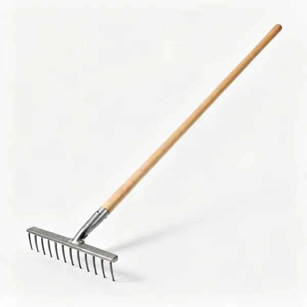 A garden soil rake with a straight steel head of short rigid tines and a long wooden shaft