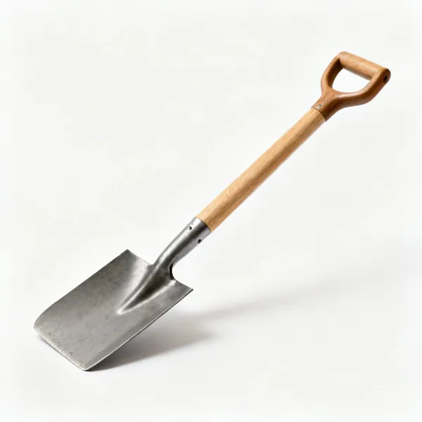 A garden digging spade with a flat rectangular steel blade and a wooden shaft with a D handle
