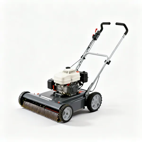 A petrol powered turf cutter machine with a blade at the front, wheels and two handles
