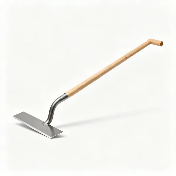 A turf lifter tool with a flat horizontal steel blade on a bent long wooden shaft