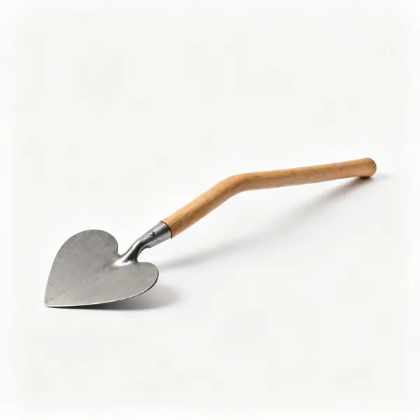 A turfing iron with a flat heart shaped steel blade on a bent wooden shaft