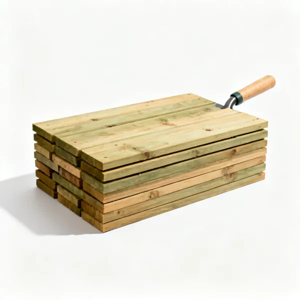 A stack of treated timber garden bed edging boards