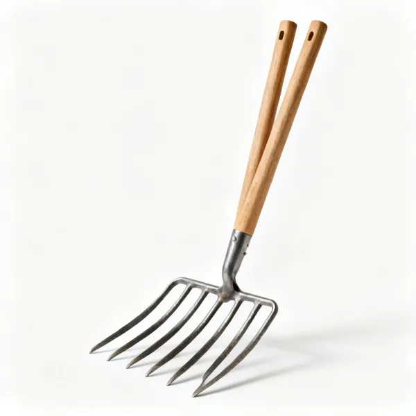 A broadfork with a wide head of five long steel tines and two tall upright wooden handles