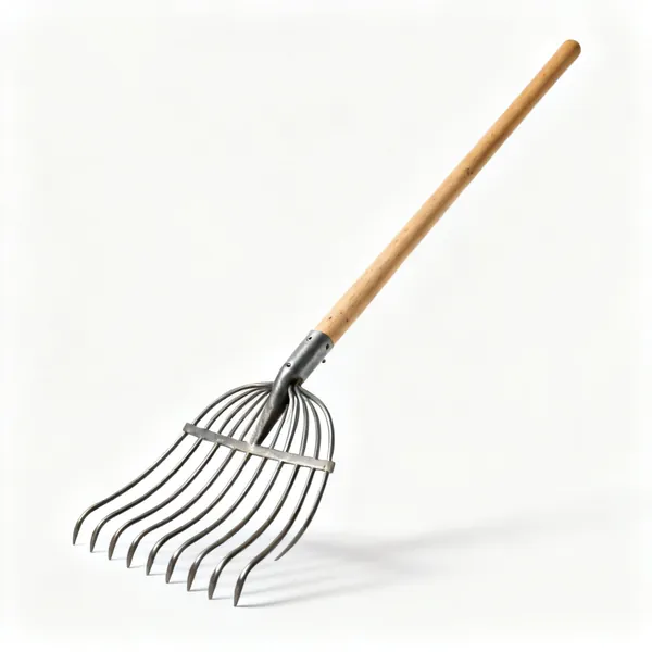 Compost fork: A muck fork with many long slender curved steel tines and a long wooden shaft