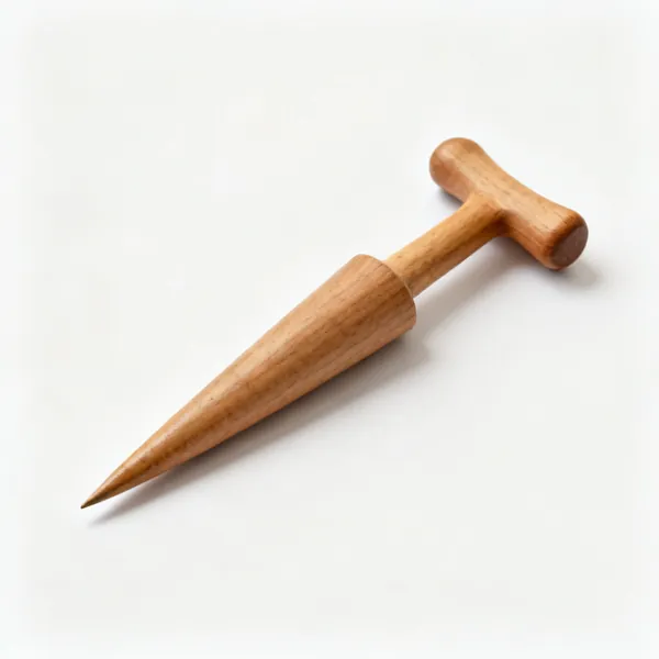 A wooden dibber, a tapered pointed hardwood tool with a rounded T handle