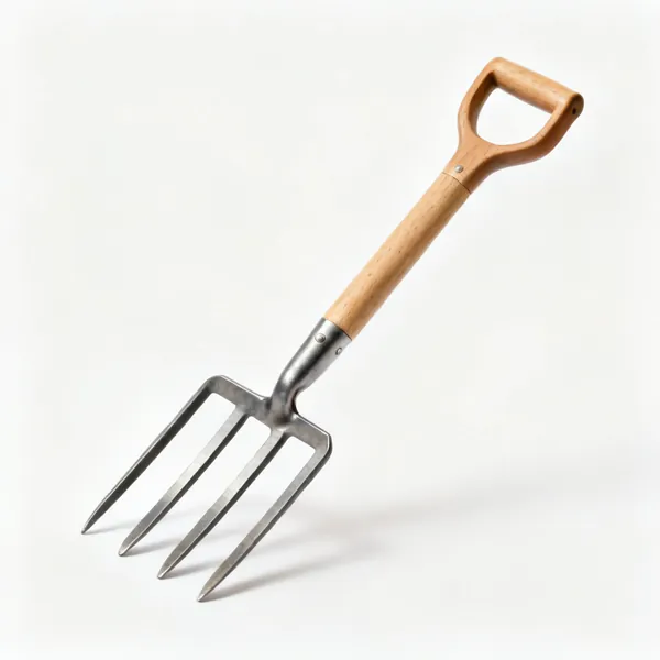 A garden digging fork with four square section steel tines and a wooden shaft with a D handle