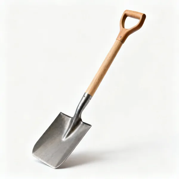 A garden digging spade with a flat rectangular steel blade and a wooden shaft with a D handle