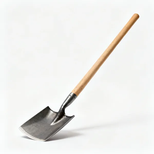 A dutch hoe with a flat open D shaped steel blade on a long wooden shaft