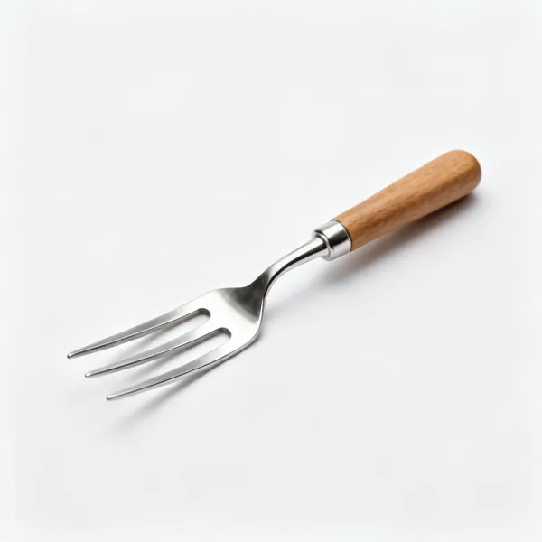 A stainless steel hand fork with three short tines and a wooden handle