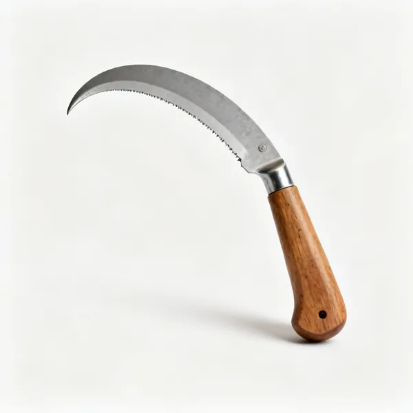 A curved harvesting knife with a hooked steel blade and a wooden handle