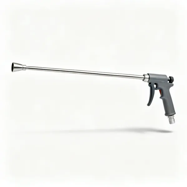 Hose and lance: A garden hose watering lance with a long metal tube and a trigger handle
