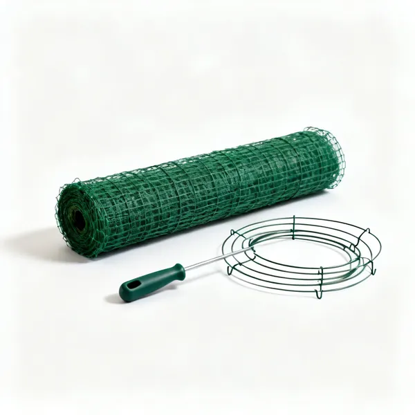 Netting and hoops: A roll of green garden netting beside several wire support hoops