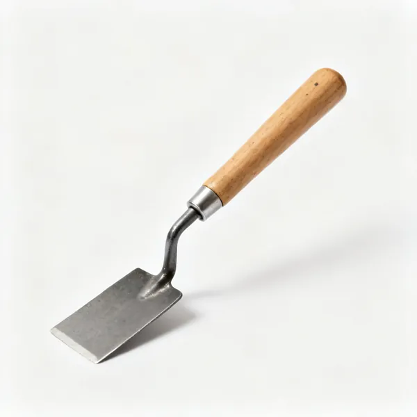 A short handled onion hoe with a small flat steel blade and a wooden handle