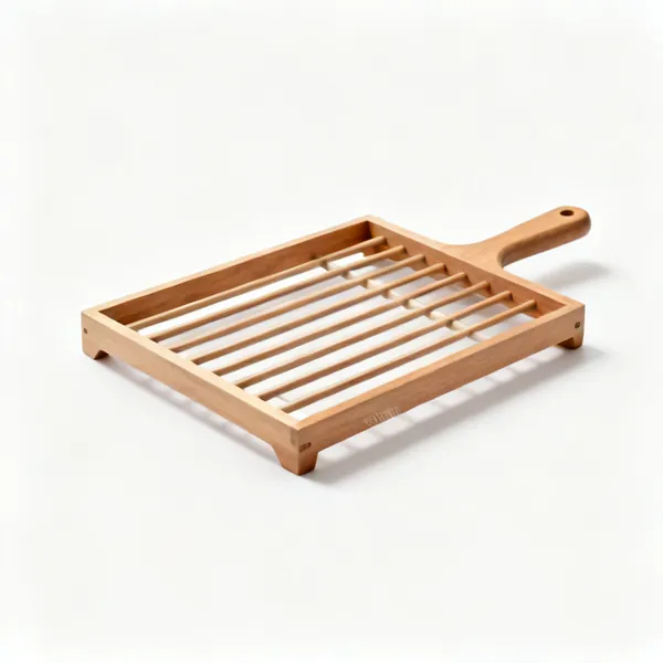A wooden slatted drying rack tray