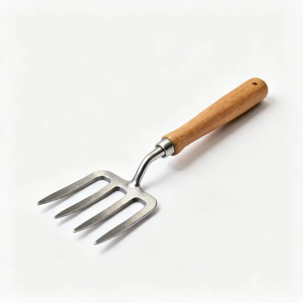 A potato fork with four flat wide blunt ended steel tines and a wooden shaft