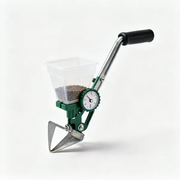 A hand held seed sower with a small plastic hopper and an adjustable dial gate