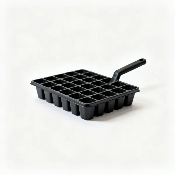 Cell seed trays: A black plastic seed tray with a grid of individual cells