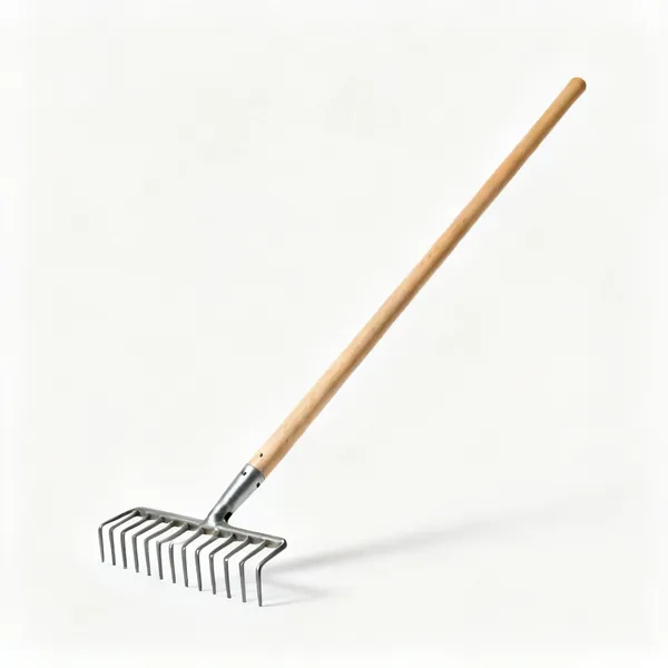 A garden soil rake with a straight steel head of short rigid tines and a long wooden shaft