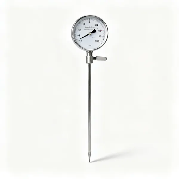 A metal soil thermometer with a dial face and a long probe