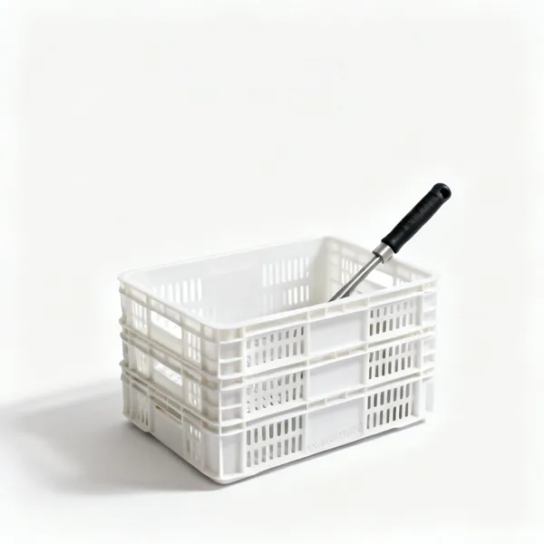 A stack of ventilated plastic storage crates