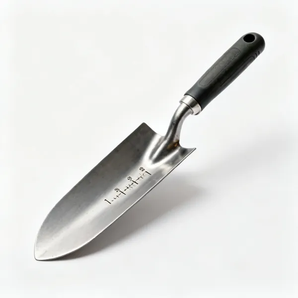 A narrow transplanting trowel with a long deep steel blade with etched depth markings