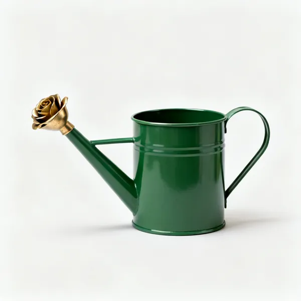 Watering can with rose: A green metal watering can with a long spout and a detachable brass rose head