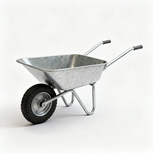 A metal wheelbarrow with a single pneumatic wheel, two tubular handles and two legs