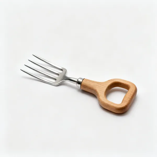 A small border fork with four short steel tines and a short wooden D handle