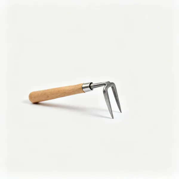 A daisy grubber weeding tool with a small two pronged forked steel head and a wooden handle