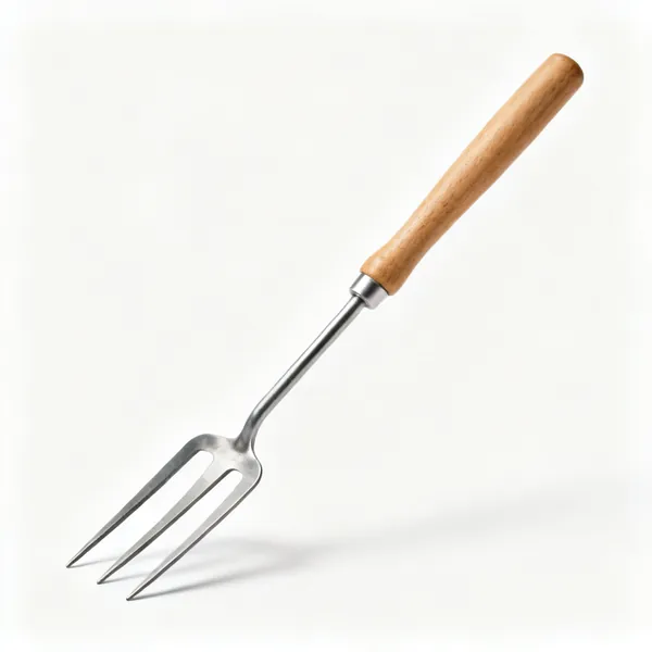 A dandelion weeder with a long narrow forked V shaped steel blade and a wooden handle