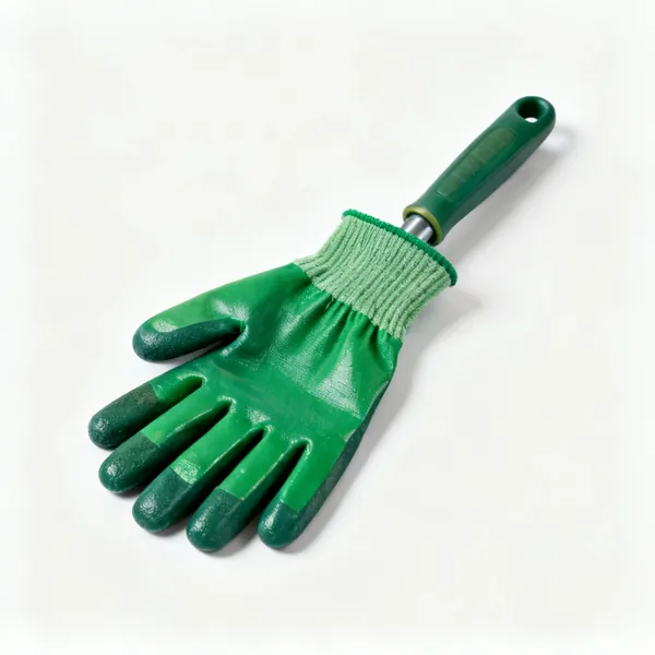 A pair of green gardening gloves with a coated palm and a knitted cuff