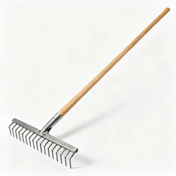 Gravel rake: A garden rake with a wide straight steel head of short rigid tines on a long wooden shaft
