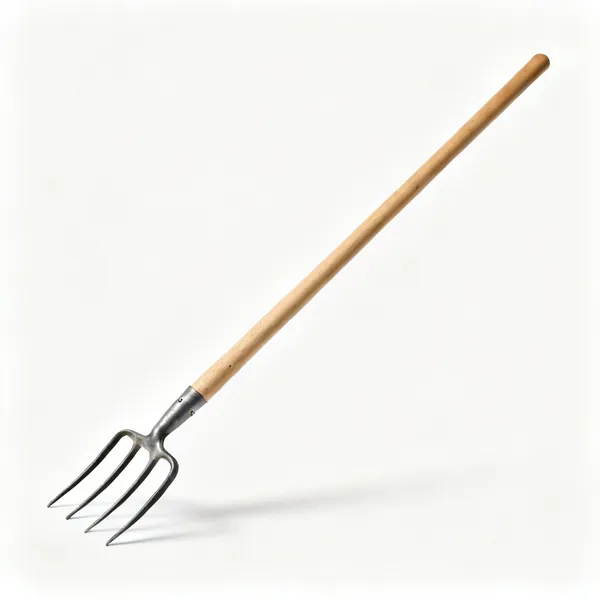 Long handled grubber: A long handled garden grubber with a forked steel head on a long wooden shaft
